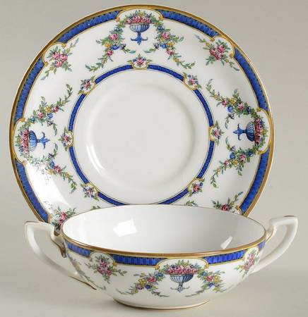 Rosemary Dark Blue White Flat Cream Soup Bowl & Saucer Set