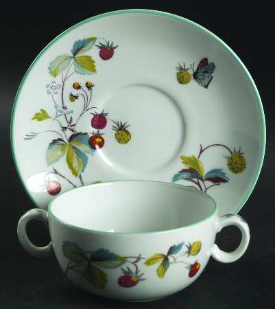 Strawberry Fair (Oven To Table, Bluetrim) Flat Cream Soup Bowl & Saucer Set