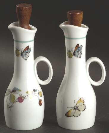 Strawberry Fair (Oven To Table, Bluetrim) Set of 2 Oil/Vinegar Cruets & Wood Stoppers