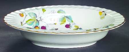 Strawberry Fair (Bone, Rim, Fluted, Gold) 10" Oval Vegetable Bowl by Royal Worcester