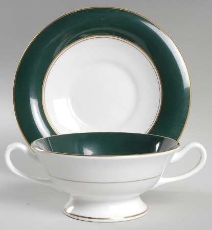 Ventura Dark Green Footed Cream Soup Bowl & Saucer Set