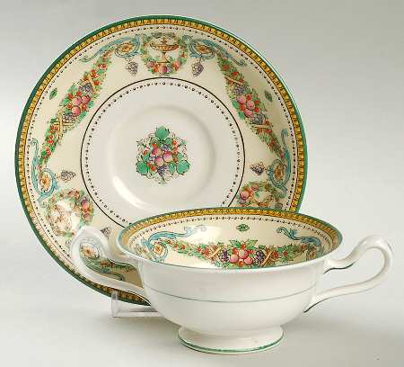 Windsor (Older, Green Trim) Footed Bouillon Cup & Saucer