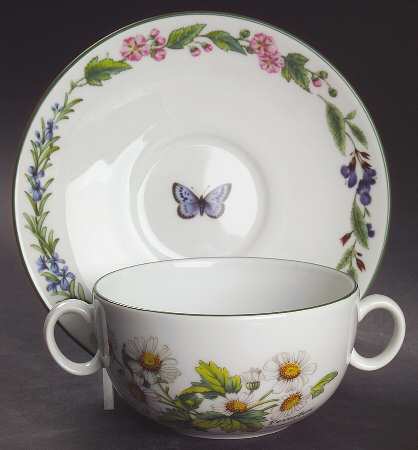Worcester Herbs (Green Trim) Flat Cream Soup Bowl & Saucer Set