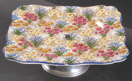 Marguerite (Blue Trim) Footed Cake Plate w/Metal Base