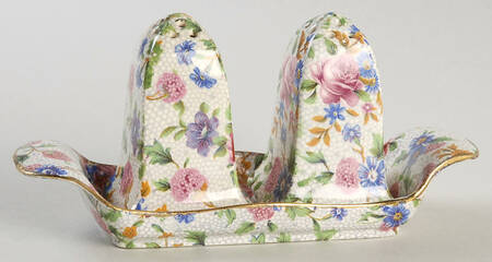 Old Cottage Chintz (Pre 1960, Cream) (3 Pc) Salt & Pepper Tray Set