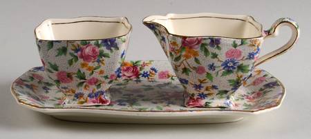 Old Cottage Chintz (Pre 1960, Cream) Creamer & Open Sugar with Tray