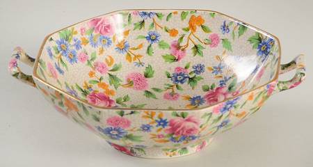 Old Cottage Chintz (Pre 1960, Cream) 2 Handle Octagonal Bon Bon