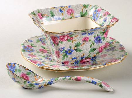Old Cottage Chintz (Pre 1960, Cream) Ascot Mayonnaise & Underplate with Ladle