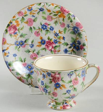 Old Cottage Chintz (Pre 1960, Cream) Footed Demitasse Cup & Saucer Set