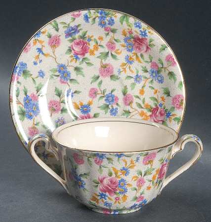 Old Cottage Chintz (Pre 1960, Cream) Flat Bouillon Cup & Saucer