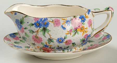 Old Cottage Chintz (Pre 1960, Cream) Mint Boat & Stand