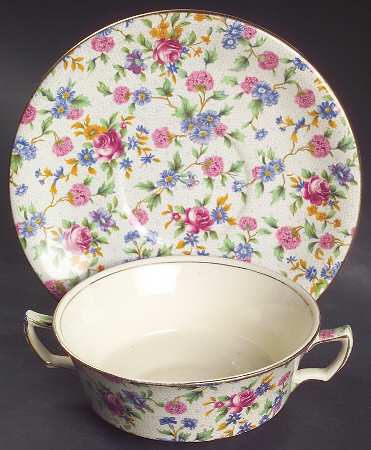 Old Cottage Chintz (Pre 1960, Cream) Flat Cream Soup & Saucer Set