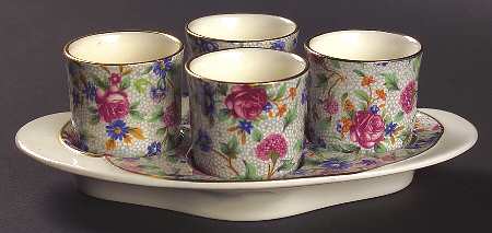 Old Cottage Chintz (Pre 1960, Cream) Egg Cup Set (4 Egg Cups and Tray)
