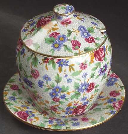 Old Cottage Chintz (Pre 1960, Cream) Jam/Jelly & Lid With Underplate