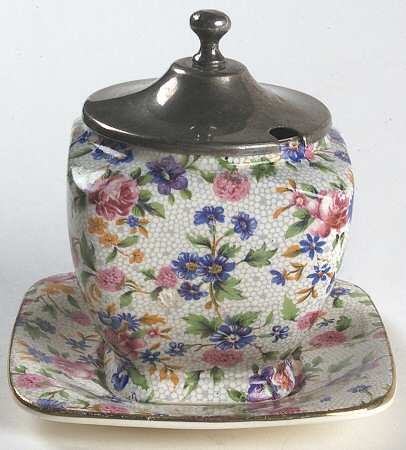 Old Cottage Chintz (Pre 1960, Cream) Jam/Jelly & Metal Lid w/Underplate