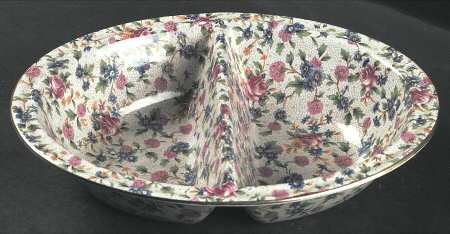 Old Cottage Chintz (Pre 1960, Cream) 9" Oval Divided Vegetable Bowl