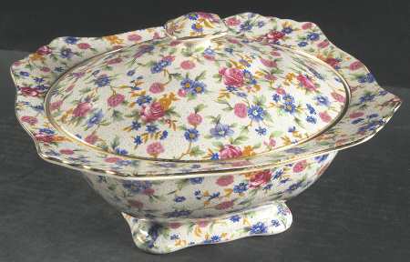 Old Cottage Chintz (Pre 1960, Cream) Square Covered Vegetable