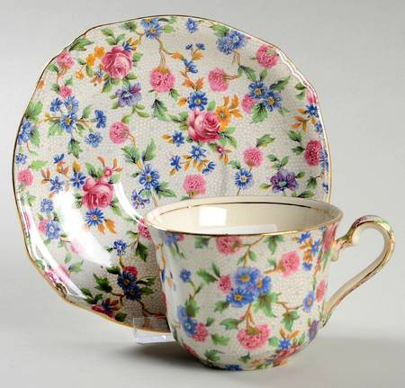 Old Cottage Chintz (Pre 1960, Cream) Ascot Shape Flat Cup & Saucer Set