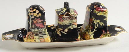 Pekin Black (Gold Trim) (3 Piece) Cruet Set with Tray (S&P, Mustard)