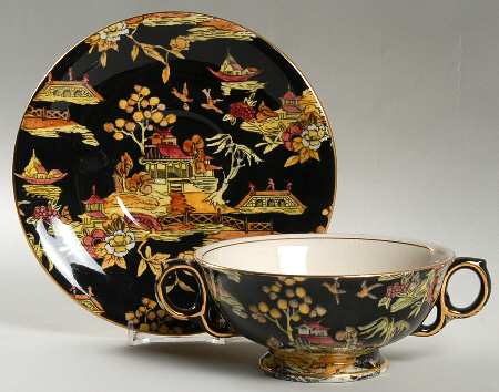 Pekin Black (Gold Trim) Footed Cream Soup Bowl & Saucer Set