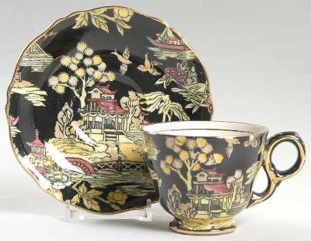 Pekin Black (Gold Trim) Footed Demitasse Cup & Saucer Set