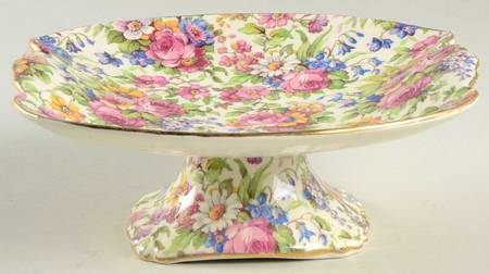 Summertime (Pre 1960, Cream Background, Gold Trim) Round Compote (Height X Width)