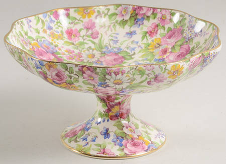 Summertime (Pre 1960, Cream Background, Gold Trim) Round Compote (Height X Width)