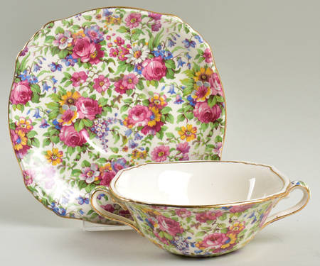 Summertime (Pre 1960, Cream Background, Gold Trim) Flat Cream Soup Bowl & Saucer Set