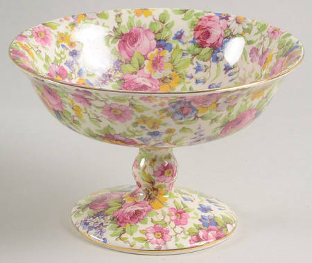 Summertime (Pre 1960, Cream Background, Gold Trim) Round Compote (Height X Width)