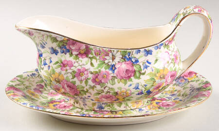 Summertime (Pre 1960, Cream Background, Gold Trim) Gravy Boat & Underplate