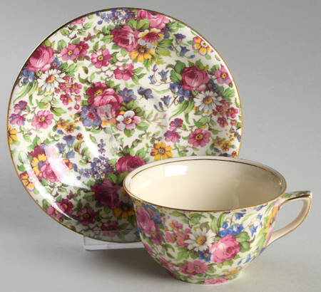 Summertime (Pre 1960, Cream Background, Gold Trim) Flat Cup & Saucer Set