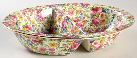 Summertime (Pre 1960, Cream Background, Gold Trim) 9" Oval Divided Vegetable Bowl