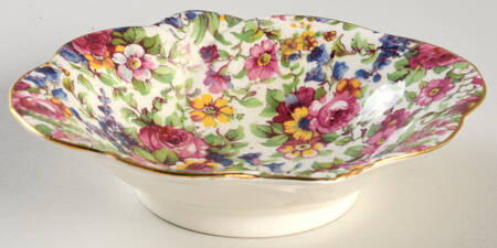 Summertime (Pre 1960, Cream Background, Gold Trim) 5" Oval Nut Dish