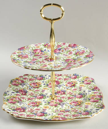 Summertime (Pre 1960, Cream Background, Gold Trim) 6 5/8"-10"  2 Tiered Serving Tray (Dp, Sp) HC