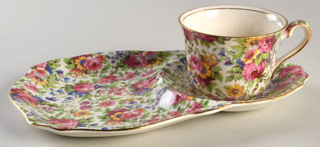 Summertime (Pre 1960, Cream Background, Gold Trim) Dessert Plate & Cup Set