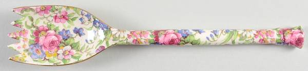 Summertime (Pre 1960, Cream Background, Gold Trim) Salad Serving Fork, Solid Piece