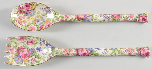 Summertime (Pre 1960, Cream Background, Gold Trim) 2 Piece Salad Set, Solid Piece
