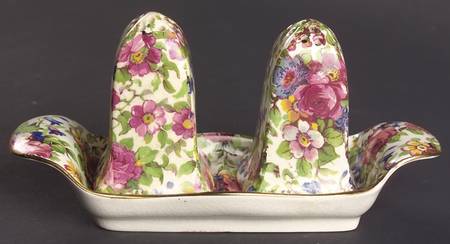 Summertime (Pre 1960, Cream Background, Gold Trim) Acme Salt & Pepper w/Tray Set
