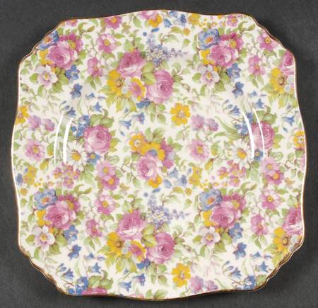 Summertime (Pre 1960, Cream Background, Gold Trim) Square Dessert Plate
