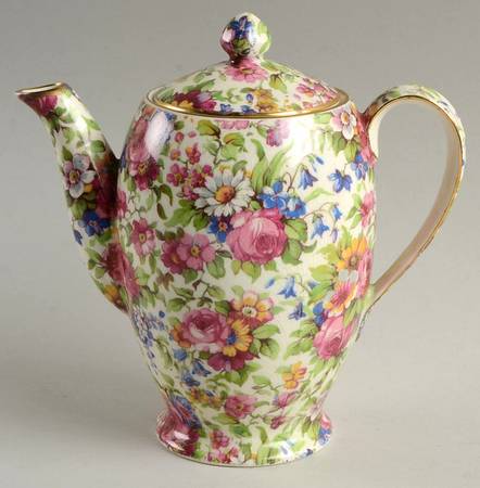 Summertime (Pre 1960, Cream Background, Gold Trim) Individual Coffee Pot & Lid