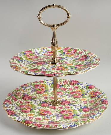 Summertime (Pre 1960, Cream Background, Gold Trim) 2 Tiered Serving Tray (Dinner & Salad Plate)