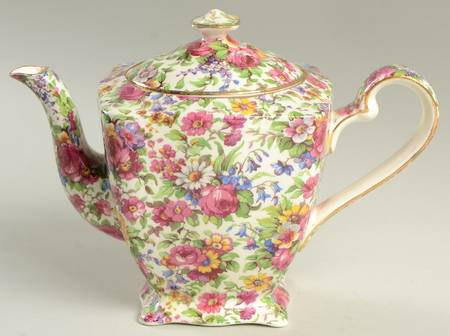 Summertime (Pre 1960, Cream Background, Gold Trim) Mini Ascot Teapot & Lid