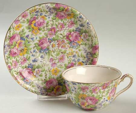 Summertime (Pre 1960, Cream Background, Gold Trim) Ascot Shape Flat Cup & Round Saucer Set