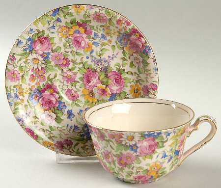Summertime (Pre 1960, Cream Background, Gold Trim) Ascot Shape Flat Cup & Round Saucer Set