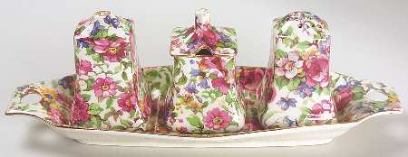 Summertime (Pre 1960, Cream Background, Gold Trim) Fife Cruet Set, Salt and Pepper, Mustard on Tray