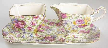 Summertime (Pre 1960, Cream Background, Gold Trim) Ascot Creamer & Open Sugar with Tray by Royal Winton