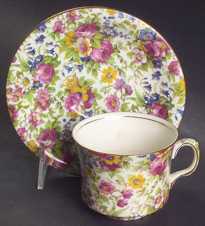 Summertime (Pre 1960, Cream Background, Gold Trim) King Flat Cup & Saucer Set