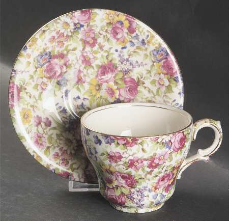Summertime (Pre 1960, Cream Background, Gold Trim) Footed Cup & Saucer Set