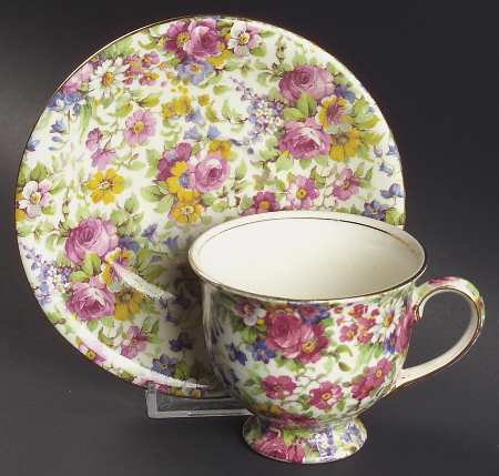 Summertime (Pre 1960, Cream Background, Gold Trim) Albans Shape Footed Cup & Saucer Set