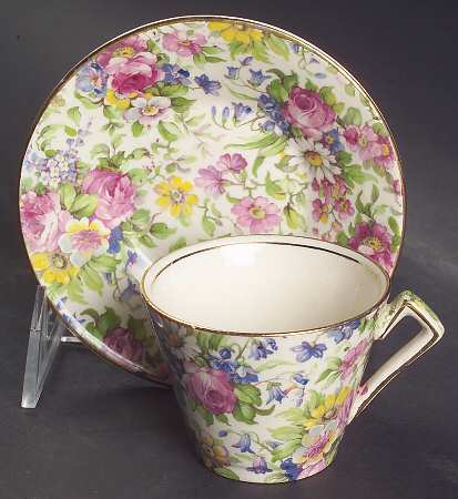 Summertime (Pre 1960, Cream Background, Gold Trim) Flat Hastings Demitasse Cup and Saucer Set